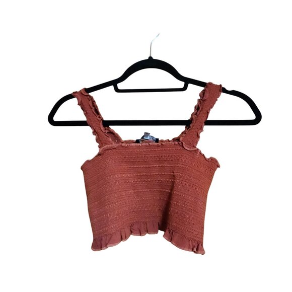 Kendall & Kylie Rust Smocked Crop Top With Ruffle Straps & Hemline Size S - Picture 1 of 3